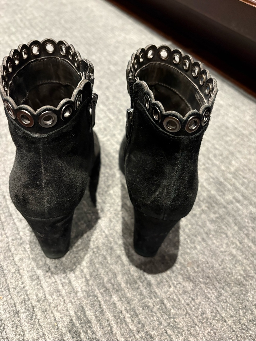 Fergie Black Suede Ankle Booties with Scalloped Grommet Collar